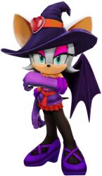 Rule 34 | 1girl, 3d, alternate costume, aqua eyes, bat wings, eyeshadow, female focus, full body, furry, furry female, gloves, hat, looking at viewer, makeup, official alternate costume, official art, rouge the bat, solo, sonic (series), tail, white hair, wings, witch hat