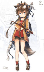 Rule 34 | 1girl, :3, :d, absurdres, animal ear fluff, animal ears, backpack, bag, bare legs, blue eyes, brooch, brown hair, clothes writing, commentary request, coreytaiyo, dated, gun, hat, highres, hood, hood down, hoodie, jewelry, long sleeves, open clothes, open hoodie, open mouth, original, shirt, shoes, short hair with long locks, short shorts, shorts, signature, smile, smug, socks, tail, weapon, wolf ears, wolf tail