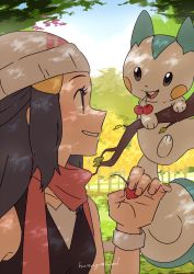Rule 34 | 1girl, beanie, bracelet, branch, cherry, commentary request, creatures (company), dawn (pokemon), day, eye contact, eyelashes, fang, food, fruit, game freak, gen 4 pokemon, grass, hair ornament, hairclip, hand up, hat, highres, holding, hunnyamai, jewelry, leaf, long hair, looking at another, mouth hold, nintendo, outdoors, pachirisu, parted lips, pokemon, pokemon (creature), pokemon dppt, scarf, sidelocks, signature, sleeveless, smile, tree