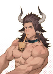 Rule 34 | 1boy, abs, amo (amo9612), animal ears, arknights, bara, brown eyes, brown hair, bubble tea, bubble tea challenge, cow ears, cup, disposable cup, drinking straw, earrings, highres, horns, jewelry, long hair, looking at viewer, male focus, matterhorn (arknights), muscular, nipples, nude, pectorals, simple background, standing, upper body, veins, white background