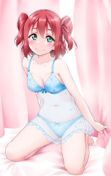Rule 34 | 1girl, bare legs, barefoot, bed, blue bow, blue bra, blue panties, blush, bow, bow panties, bra, breasts, cleavage, collarbone, curtains, green eyes, hair between eyes, hair ribbon, highres, kneeling, kurosawa ruby, lingerie, looking at viewer, love live!, love live! sunshine!!, medium hair, navel, negligee, no pants, on bed, panties, pink ribbon, red hair, ribbon, see-through, sleeveless, small breasts, smile, solo, star (symbol), star print, twintails, underwear, underwear only, yopparai oni