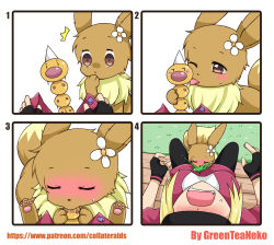 Rule 34 | 10s, 4koma, ^^^, absurdres, artist name, bench, blonde hair, blush, brown eyes, closed eyes, comic, creatures (company), eevee, female protagonist (pokemon go), fingerless gloves, flower, game freak, gen 1 pokemon, gloves, grass, greenteaneko, hair flower, hair ornament, hand to own mouth, head back, highres, implied futanari, licking, nintendo, one eye closed, open mouth, pantyhose, phallic symbol, pokemon, pokemon (creature), pokemon go, sexually suggestive, simple background, sitting, square 4koma, sweat, sweatdrop, tongue, tongue out, vore, watermark, web address, weedle, white background, wide-eyed