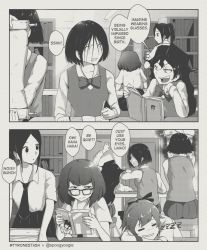 Rule 34 | 2koma, 6+girls, book, bookshelf, borrowed character, bow, bowtie, breasts, collared shirt, comic, crossover, drooling, english text, glasses, grabbing another&#039;s hair, greyscale, holding, holding book, indoors, library, long hair, looking at another, looking away, medium breasts, monochrome, multiple girls, necktie, open mouth, original, reading, shirt, short hair, sitting, skirt, sleeping, smile, speech bubble, teeth, tyrone, upper teeth only, zzz