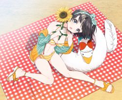 Rule 34 | 1girl, aqua eyes, bare legs, beach towel, bikini, black hair, blush, breasts, collarbone, commentary request, feet, flower, from above, green hairband, hairband, head tilt, highres, holding, hololive, innertube, jacket, jacket over swimsuit, leaning to the side, legs, looking at viewer, medium breasts, nail polish, navel, off shoulder, official alternate costume, one-piece swimsuit, oozora subaru, oozora subaru (hololive summer 2019), open mouth, orange bikini, orange nails, plaid towel, sandals, shadow, short hair, sidelocks, sitting, solo, stomach, striped bikini, striped clothes, sunflower, swept bangs, swim ring, swimsuit, thighs, tlie ilt, toenail polish, toenails, toes, towel, virtual youtuber, yellow one-piece swimsuit