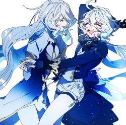 2girls :d ahoge ascot asymmetrical_gloves back_bow black_ascot black_gloves blue_dress blue_eyes blue_gemstone blue_hair blue_jacket blue_streaks bow closed_eyes dress fuchi_gn furina_(genshin_impact) gem genshin_impact gloves hair_between_eyes hashtag-only_commentary holding_another&#039;s_waist holding_hands jacket long_hair long_sleeves mismatched_gloves multicolored_hair multiple_girls no_headwear open_mouth ouji_fashion short_shorts shorts sidelocks simple_background smile streaked_hair teeth thigh_strap two-tone_hair upper_teeth_only very_long_hair white_background white_gloves white_hair white_shorts