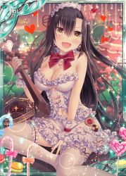 Rule 34 | 1girl, breasts, brown hair, brown ribbon, cake, candy, candy cane, chocolate, cleavage, collarbone, cookie, crossover, dress, earrings, food, hair ornament, heart, heart earrings, holding, holding weapon, jewelry, large breasts, lollipop, looking at viewer, natsumekinoko, official art, open mouth, pink dress, red ribbon, ribbon, seiza, shield, shinkai no valkyrie, sitting, sword, thighhighs, weapon, yellow eyes