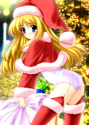 Rule 34 | 1girl, akino shin, aqua eyes, arched back, ass, blonde hair, blue eyes, blush, capelet, christmas, christmas tree, garter belt, garter straps, hat, hip focus, leaning forward, lingerie, long hair, one-piece swimsuit, panties, sack, santa costume, santa hat, solo, swimsuit, swimsuit under clothes, thighhighs, thighs, underwear