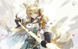 Rule 34 | 1girl, absurdres, animal ear fluff, animal ears, arknights, black gloves, breasts, dated, gloves, hair between eyes, highres, holding, holding polearm, holding weapon, horse ears, horse girl, horse tail, implied extra ears, large breasts, long sleeves, looking at viewer, nearl (arknights), nearl the radiant knight (arknights), official alternate costume, polearm, qingfeng canying, shirt, solo, split mouth, tail, upper body, weapon, white background, white shirt, yellow eyes