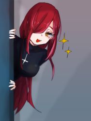 Rule 34 | 1girl, around corner, breasts, cross, cross necklace, grey background, hair over one eye, jewelry, large breasts, long hair, necklace, open mouth, parasoul (skullgirls), peeking out, red hair, renka (renxka), skullgirls, smile, solo, sparkle, sweater, turtleneck, turtleneck sweater, yellow eyes