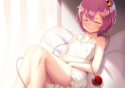 Rule 34 | 1girl, bare shoulders, bed, black hairband, chemise, closed eyes, closed mouth, covered erect nipples, curtains, eyeball, feet out of frame, flat chest, hair ornament, hairband, heart, heart hair ornament, highres, indoors, knees up, komeiji satori, lying, mantou xiang, on back, on bed, purple hair, short hair, short shorts, shorts, sleeping, smile, solo, sunlight, third eye, touhou, underwear, underwear only