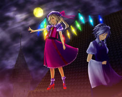 Rule 34 | 2girls, bad id, bad pixiv id, blonde hair, braid, closed eyes, female focus, fingernails, flandre scarlet, full moon, hat, high heels, izayoi sakuya, long fingernails, maid, moon, multiple girls, nail polish, outstretched arm, pink nails, ponytail, red eyes, rooftop, shoes, short hair, side ponytail, silver hair, embodiment of scarlet devil, touhou, tower, twin braids, wings, yui 7