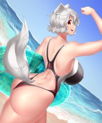 Rule 34 | 1girl, absurdres, animal ears, ass, back, beach, breasts, curvy, highres, huge ass, huge breasts, innertube, inubashiri momiji, looking at viewer, looking back, one-piece swimsuit, red eyes, short hair, sideboob, sky, smile, solo, swim ring, swimsuit, tail, thick thighs, thighs, tochinoko, touhou, water, white hair, wolf ears, wolf girl, wolf tail