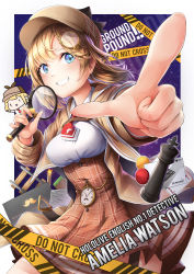 Rule 34 | 1girl, absurdres, ascot, blonde hair, blue eyes, breasts, brown jacket, commentary request, cowboy shot, deerstalker, detective, english text, foreshortening, grin, hair ornament, hat, high-waist skirt, highres, hololive, hololive english, huge filesize, jacket, long sleeves, looking at viewer, magnifying glass, medium breasts, monocle, multicolored hair, perspective, plaid, plaid skirt, pocket watch, pointing, pointing at viewer, red ascot, ringosan, shirt, skirt, smile, solo, teeth, virtual youtuber, watch, watson amelia, white shirt
