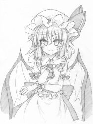 Rule 34 | 1girl, back bow, bat wings, bow, closed mouth, collared shirt, fang, fang out, frilled shirt, frilled shirt collar, frilled sleeves, frills, graphite (medium), greyscale, hair between eyes, hat, highres, marukyuu ameya, medium hair, mob cap, monochrome, puffy short sleeves, puffy sleeves, remilia scarlet, shirt, short sleeves, simple background, skin fang, skirt, solo, touhou, traditional media, white background, wings, wrist cuffs
