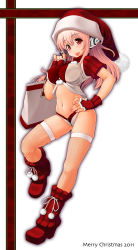 Rule 34 | 1girl, bag, boots, breasts, christmas, fingerless gloves, fishnet thighhighs, fishnets, gloves, hat, headphones, highres, large breasts, long hair, mimosa211, nitroplus, pink eyes, pink hair, red gloves, santa boots, santa hat, skindentation, solo, super sonico, thighhighs