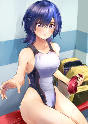 Rule 34 | 1girl, absurdres, akane (getwild23), bag, blue eyes, blue hair, commentary request, competition swimsuit, highleg, highleg swimsuit, highres, one-piece swimsuit, original, red headwear, short hair, sitting, solo, unworn swim cap, swimsuit, wet, wet clothes, wet swimsuit, white one-piece swimsuit