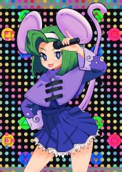 Rule 34 | 1girl, animal ears, batchgooya, brave fencer musashiden, capelet, dress, green hair, hairband, highres, looking at viewer, mouse ears, mouse girl, mouse tail, polka dot, polka dot background, purple capelet, short hair, skirt, smile, solo, tail, topo (musashiden)
