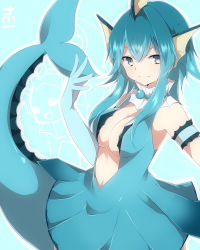 Rule 34 | 1girl, armband, blue eyes, blue gloves, blue hair, breasts, center opening, cleavage, creatures (company), fins, fish, game freak, gen 1 pokemon, gloves, head fins, highres, large breasts, long hair, looking at viewer, matching hair/eyes, mermaid, monster girl, nintendo, personification, pokedex number, pokemon, skirt, smile, solo, vaporeon, zinpati