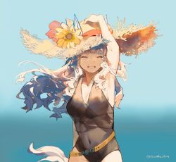 Rule 34 | 1girl, animal ears, arm up, black one-piece swimsuit, breasts, cleavage, closed eyes, covered navel, ears through headwear, facing viewer, floating hair, gold ship (run revolt launcher) (umamusume), gold ship (umamusume), grey hair, grin, groin, hand on headwear, hat, highres, horse ears, horse girl, horse tail, long hair, medium breasts, one-piece swimsuit, outdoors, smile, solo, straw hat, swimsuit, tail, twitter username, umamusume, upper body, wind, yi yu
