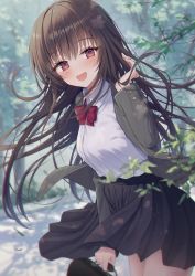 Rule 34 | 1girl, :d, black skirt, blazer, blush, bow, branch, breasts, briefcase, brown hair, collared shirt, commentary, day, dress shirt, floating hair, grey jacket, highres, holding, jacket, kuro futoshi, looking at viewer, md5 mismatch, medium breasts, open clothes, open jacket, open mouth, original, outdoors, pleated skirt, red bow, red eyes, resolution mismatch, school briefcase, school uniform, shirt, skirt, smile, solo, source smaller, tree, white shirt