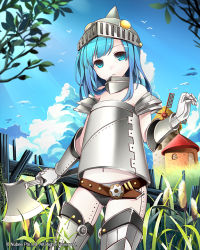 Rule 34 | 1girl, armor, axe, blue eyes, blue hair, cloud, cosplay, day, grass, long hair, looking at viewer, matching hair/eyes, original, outdoors, sky, solo, the wizard of oz, tin (wsp85205), tin man, tin man (cosplay), visor (armor), weapon, windmill