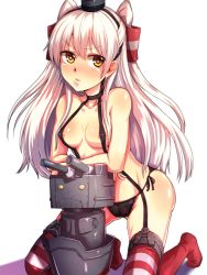 Rule 34 | 10s, 1girl, amatsukaze (kancolle), bad id, bad pixiv id, black panties, breasts, choker, covered erect nipples, garter straps, hiruno, kantai collection, kneeling, long hair, o o, panties, personification, red theme, rensouhou-kun, simple background, striped clothes, striped thighhighs, thighhighs, underwear, white background, white hair, yellow eyes