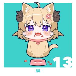 Rule 34 | 1girl, ;d, animal ears, animalization, blush stickers, cat, cat ears, chibi, chibi only, highres, hiruno isu, hololive, horns, looking at viewer, one eye closed, open mouth, purple eyes, sheep horns, smile, solo, tsunomaki watame, virtual youtuber