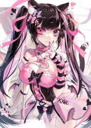 Rule 34 | 1girl, akuradere, animal ears, bandaid, bell, black hair, black nails, blush, breasts, chain, demon wings, detached sleeves, eita 789, fang, fingernails, fishnet sleeves, fishnets, gothic lolita, heart (symbol), heterochromia, highres, indie virtual youtuber, jewelry, jiraikei, large breasts, lolita fashion, necklace, panties, ribbon, sharp fingernails, skirt, smile, tail, twintails, underwear, wings