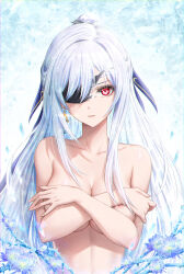 Rule 34 | 1girl, absurdres, blue flower, breasts, collarbone, completely nude, covering breasts, covering privates, earrings, eyepatch, flower, glint, highres, honkai: star rail, honkai (series), jewelry, jingliu (honkai: star rail), large breasts, long hair, looking at viewer, nude, one eye covered, parted lips, ponytail, red eyes, royboy, simple background, single earring, solo, thorns, upper body, very long hair, white background, white hair