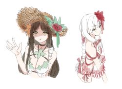 Rule 34 | 2girls, :p, absurdres, bikini, black hair, black survival, blush, breasts, brown headwear, character request, cleavage, closed mouth, flower, green eyes, hair flower, hair ornament, half-closed eyes, hat, hat flower, highres, medium breasts, multiple girls, parted bangs, red bikini, red flower, red rose, rio (black survival), rose, see-through, side-tie bikini bottom, simple background, small breasts, smile, straw hat, swimsuit, syhan, tongue, tongue out, white background, white bikini, white hair, yellow eyes