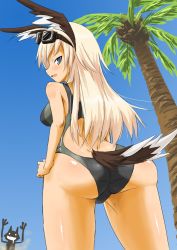 Rule 34 | 1girl, animal ears, ass, bad id, bad pixiv id, blonde hair, blue eyes, competition swimsuit, dakku (ogitsune), from below, goggles, goggles on head, hanna-justina marseille, head wings, long hair, looking back, miyafuji yoshika, one-piece swimsuit, palm tree, silhouette demon, solo focus, strike witches, swimsuit, tail, tree, wings, world witches series