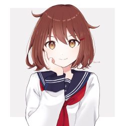 Rule 34 | 1girl, black sailor collar, brown eyes, brown hair, hair ornament, hairclip, hand on own face, highres, ikazuchi (kancolle), kantai collection, lacroa, looking at viewer, neckerchief, one-hour drawing challenge, red neckerchief, sailor collar, school uniform, serafuku, short hair, smile, solo, upper body