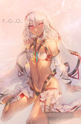 Rule 34 | 10s, 1girl, altera (fate), bare shoulders, bikini, black bikini, blush, breasts, choker, collarbone, copyright name, dark-skinned female, dark skin, detached sleeves, earmuffs, fate/extella, fate/extra, fate/grand order, fate (series), forehead protector, frills, light smile, long sleeves, looking at viewer, mismatched bikini, navel, parted lips, pink background, purple eyes, red eyes, revision, shin guards, shoes, short hair, sitting, small breasts, solo, sparkle, stomach, swimsuit, veil, wariza, white bikini, white choker, white footwear, white hair, yoshimoto (dear life)