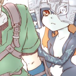 Rule 34 | 1boy, 1girl, 370ml, belt, breasts, colored sclera, colored skin, green tunic, holding own arm, link, looking at another, mask, midna, multicolored skin, nintendo, one eye covered, red eyes, short sleeves, simple background, small breasts, the legend of zelda, the legend of zelda: twilight princess, two-tone skin, upper body, white background