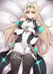 Rule 34 | 1girl, ahegaokami, bed, bed sheet, black pantyhose, blonde hair, breasts, commission, elbow gloves, gem, gloves, hair ornament, headpiece, jewelry, large breasts, long hair, looking at viewer, mythra (massive melee) (xenoblade), mythra (xenoblade), nervous, nintendo, pantyhose, shy, solo, spirit (super smash bros.), super smash bros., swept bangs, thigh strap, thighhighs, tiara, very long hair, xenoblade chronicles (series), xenoblade chronicles 2, yellow eyes
