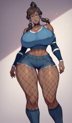 Rule 34 | 1girl, ai-generated, avatar: the last airbender, avatar legends, black hair, blue eyes, breasts, brown hair, cleavage, curvy, dark-skinned female, dark skin, fishnets, huge breasts, korra, long hair, looking at viewer, massive thighs, navel, parted lips, ponytail, solo, standing, the legend of korra, thick thighs, thighs, wide hips