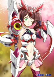 Rule 34 | 1girl, bare shoulders, bodysuit, bow (weapon), breasts, brown hair, closed mouth, green eyes, highres, holding, holding bow (weapon), holding weapon, itaba yumi, koizumi akira (artist), long hair, mecha musume, navel, one eye closed, red thighhighs, senki zesshou symphogear, senki zesshou symphogear xd unlimited, small breasts, thighhighs, twintails, weapon