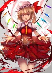 Rule 34 | 1girl, ascot, blonde hair, commentary request, cup, dress, drinking glass, flandre scarlet, hat, hat ribbon, highres, looking at viewer, mob cap, moruchi (rinaka moruchi), open mouth, puffy short sleeves, puffy sleeves, red dress, ribbon, short sleeves, side ponytail, smile, solo, touhou, wine glass, wings, wrist cuffs