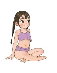 Rule 34 | 1girl, absurdres, barefoot, brown eyes, child, closed mouth, full body, highres, indian style, long hair, opossumachine, original, sitting, smile, solo, twintails, white background