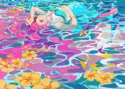 Rule 34 | 1girl, absurdres, afloat, aqua eyes, arm up, bare shoulders, crop top, fins, floating, flower, flower on liquid, grin, heart, heart in eye, hibiscus, highres, kobayashi hisanori, laura (precure), looking at viewer, looking to the side, lying on water, mermaid, monster girl, partially submerged, pearl hair ornament, pink hair, pink lips, precure, smile, solo, symbol in eye, tropical-rouge! precure, water, wet, wristband