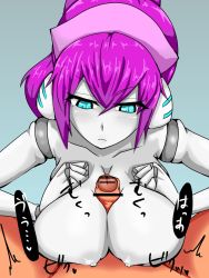 Rule 34 | breasts, colored skin, expressionless, grey skin, headband, highres, joints, large breasts, nipples, paizuri, purple hair, robot, robot girl, robot joints, translation request