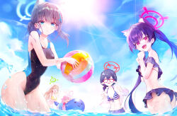 5girls absurdres animal_ear_fluff animal_ears ass ayane_(blue_archive) ayane_(swimsuit)_(blue_archive) ball beachball bikini black_bikini black_hair black_one-piece_swimsuit blue_archive blue_eyes blue_halo blue_sky braid breasts brown_hair cat_ears cat_girl cleavage closed_eyes cloud cloudy_sky commentary_request covered_navel crown_braid day earrings extra_ears fang foreclosure_task_force_(blue_archive) green_halo grey_hair halo highleg highleg_one-piece_swimsuit highres holding holding_ball holding_beachball horizontal-striped_bikini hoshino_(blue_archive) hoshino_(swimsuit)_(blue_archive) inflatable_toy inflatable_whale jewelry jinbin825 large_breasts long_hair looking_at_viewer medium_breasts multiple_girls nonomi_(blue_archive) nonomi_(swimsuit)_(blue_archive) ocean off-shoulder_bikini off_shoulder official_alternate_costume one-piece_swimsuit pink_hair pink_halo pointy_ears ponytail red_eyes red_halo serika_(blue_archive) serika_(swimsuit)_(blue_archive) shiroko_(blue_archive) shiroko_(swimsuit)_(blue_archive) short_ponytail skin_fang sky stud_earrings sunlight swimsuit thighs wet wolf_ears wolf_girl