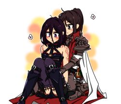 Rule 34 | 2girls, armor, black hair, blush, boots, brown hair, cape, dungeon and fighter, female priest (dungeon and fighter), hug, inquisitor (dungeon and fighter), mistress (dungeon and fighter), multiple girls, ponytail, short hair, sitting, sss (komojinos3), tattoo, thighhighs