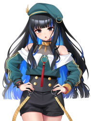 Rule 34 | 1girl, absurdres, bare shoulders, beret, black hair, blue hair, bracelet, colored inner hair, fate/grand order, fate (series), hands on own hips, hat, highres, hoshino reiji, jacket, jewelry, long hair, looking at viewer, looking over eyewear, multicolored hair, neck ring, open mouth, sunglasses, tenochtitlan (fate), tenochtitlan (second ascension) (fate), white background