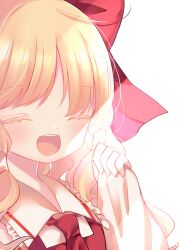 Rule 34 | 1girl, ascot, blonde hair, blush, bow, cacao (cacaomgmg), closed eyes, commentary request, cosplay, hair bow, hair tubes, hakurei reimu, hakurei reimu (cosplay), highres, kirisame marisa, long hair, open mouth, red ascot, red bow, simple background, smile, solo, touhou, white background