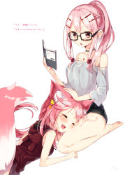 Rule 34 | 2girls, :d, animal ears, bare arms, bare shoulders, barefoot, black shorts, blush, book, braid, brown eyes, choker, closed eyes, collarbone, commentary request, fang, flower, fox ears, fox girl, fox tail, glasses, hair flower, hair intakes, hair ornament, hairpin, hand on another&#039;s head, highres, holding, holding book, hood, hoodie, lap pillow, lying, multiple girls, off-shoulder shirt, off shoulder, on stomach, open book, open mouth, original, pink hair, ponytail, reading, rei (sakuragi ren), sakura mochi (sakuragi ren), sakuragi ren, sakuramochi (sakuragi ren), seiza, shirt, shorts, simple background, sitting, sleeveless, sleeveless hoodie, smile, sweater vest, tail, translation request, white background, white tail