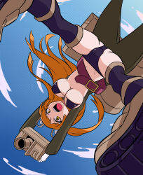 Rule 34 | 1girl, :d, armor, bad id, bad pixiv id, bikini, breasts, cameltoe, caterpillar tracks, cloud, day, eyelashes, from below, hellcat, jumping, large breasts, m37 (panzer waltz), open mouth, orange hair, panzer waltz, personification, sky, smile, solo, swimsuit, turret, world war ii, yellow eyes