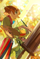 Rule 34 | 1boy, blurry, blurry background, brown hair, burgh (pokemon), closed mouth, commentary request, creatures (company), easel, fingernails, game freak, gen 5 pokemon, green eyes, green shirt, gym leader, highres, holding, holding paintbrush, leavanny, male focus, natsuko (summer 525528), nintendo, paintbrush, painting (action), pants, petals, pokemon, pokemon (creature), pokemon bw, shirt, striped clothes, striped pants, vertical-striped clothes, vertical-striped pants