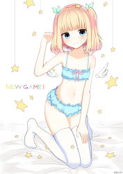 Rule 34 | :3, artist name, bacl2, bad id, bad pixiv id, bare shoulders, bed sheet, blonde hair, blue bra, blue eyes, bra, cinderella bust, copyright name, flat chest, full body, hair ornament, hand on own knee, highres, iijima yun, kneeling, looking at viewer, medium hair, midriff, navel, new game!, paw pose, simple background, solo, star (symbol), star hair ornament, thighhighs, underwear, white thighhighs, wings