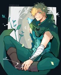 Rule 34 | 1boy, animal, animal on shoulder, bandages, bird, bird on shoulder, boots, cigarette, cloak, fate/extra, fate/grand order, fate (series), green cloak, green pants, hair over one eye, hally, highres, leather, leather boots, male focus, orange hair, pants, robin hood (fate), short hair, sitting, sleeveless, smile, smoke, swept bangs